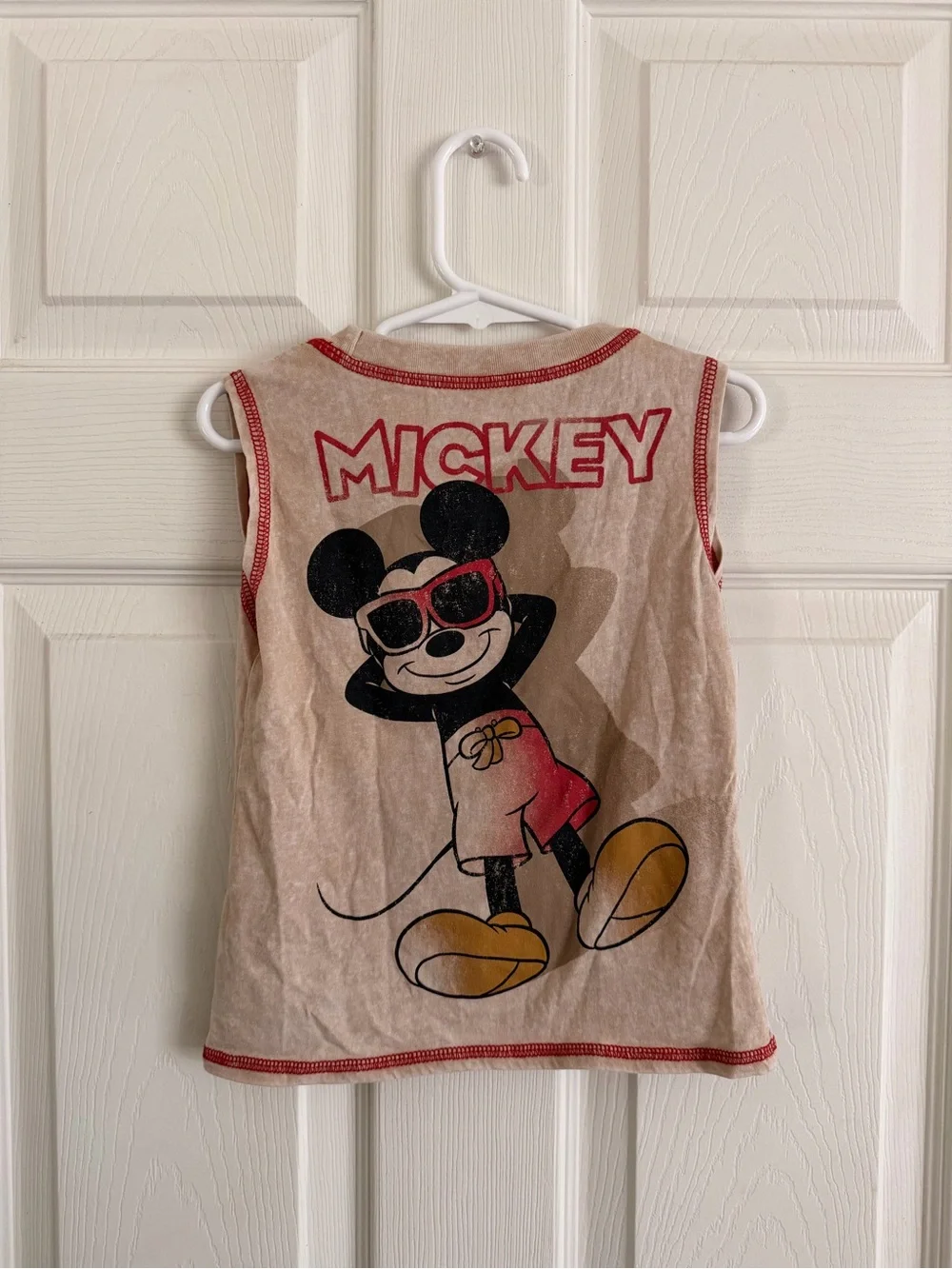 Disney Beige Tank Top with Mickey Graphic and Red Trim